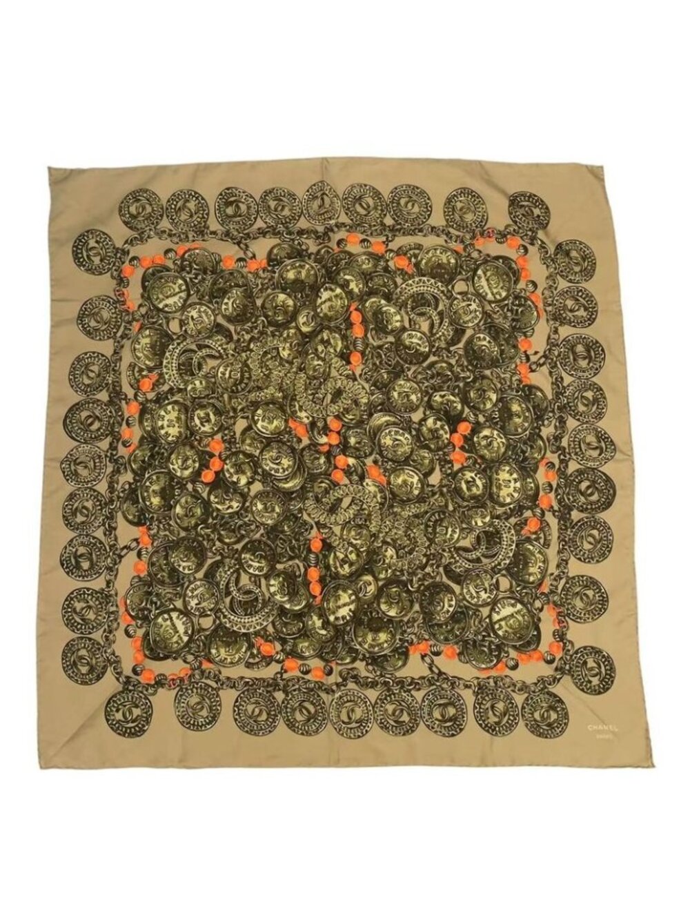 Chanel Scarf Silk Coin Pattern Chain Brown